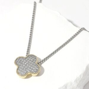14K Gold Plated CZ Stone Paved Quatrefoil Clover Pendant Necklace